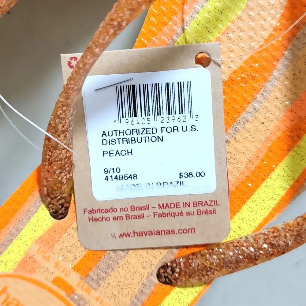 Havaianas Women Slim Square Toe Folia Flip Flops Size US 9 Peach Orange Glitter